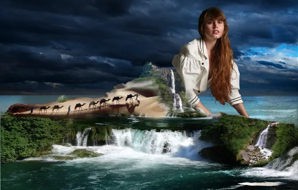 Девушка, водопад, фэнтези, караван, фотоарт