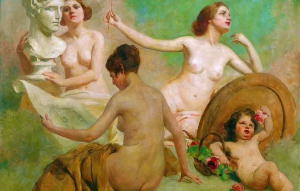 Девушки, Картина, Обнаженные, Итальянский художник, Giacomo Grosso, Аллегория искусств, Джакомо Гроссо
