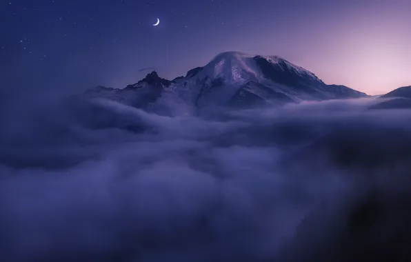 Облака, ночь, туман, луна, вершина, США