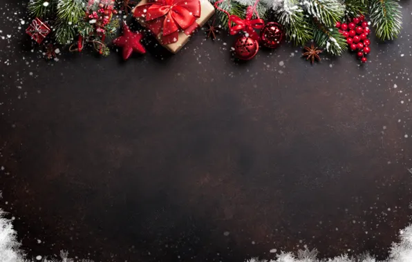 Картинка снег, украшения, ягоды, елка, Новый Год, Рождество, подарки, happy