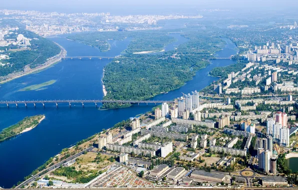 Город, река, фото, дома, сверху, мосты, Украина, Киев