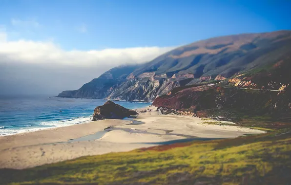 Waves, beach, road, sea, clouds, hill, bay, stream