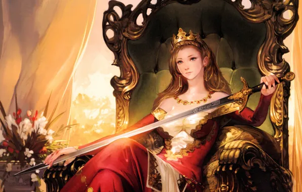 Ожерелье, корона, декольте, красное платье, королева, queen, цветы в вазе, на троне