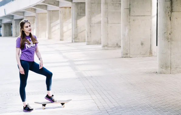 Girl, beautiful, model, skateboard, leggings, sneakers