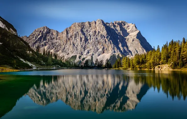 Лес, небо, горы, отражение, синева, скалы, берег, склоны