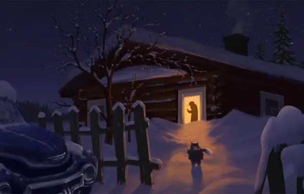 Картинка зима, кот, снег, дом, деревня, художник, возвращение, Эндрю Пальянов