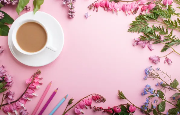 Цветы, pink, flowers, сирень, coffee cup, lilac, чашка кофе