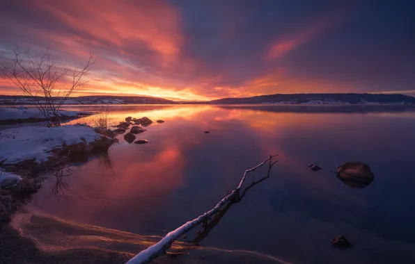 Небо, снег, озеро, рассвет, Norway, Tyrifjorden