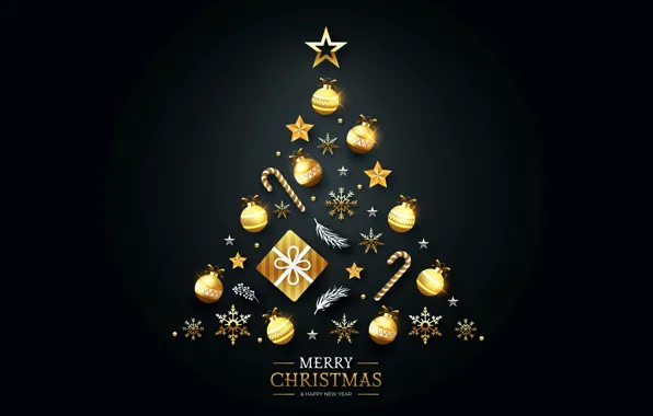 Картинка украшения, золото, елка, Рождество, Новый год, golden, christmas, черный фон
