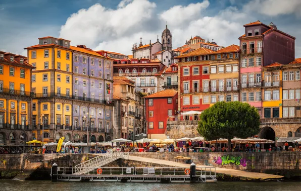 Река, дерево, здания, дома, Португалия, набережная, Portugal, Porto