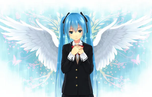 Картинка девушка, улыбка, крылья, ангел, vocaloid, hatsune miku, школьная форма, вокалоид