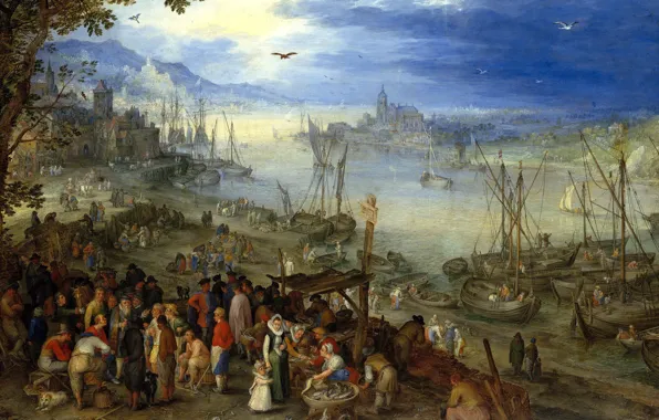 Картинка пейзаж, люди, картина, лодки, Ян Брейгель старший, Рыбный Рынок на Берегу Реки