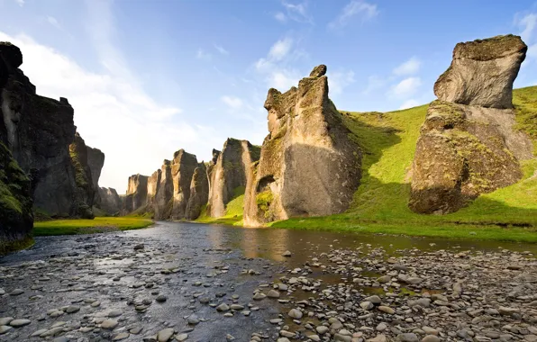 Река, камни, каньон, Исландия, Iceland, Fjaðrárgljúfur canyon