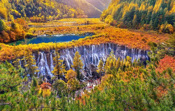 Картинка осень, China, Китай, Autumn, Jiuzhaigou Valley, Водопад Нуориланг, Nuorilang Waterfall, долина Цзючжайгоу