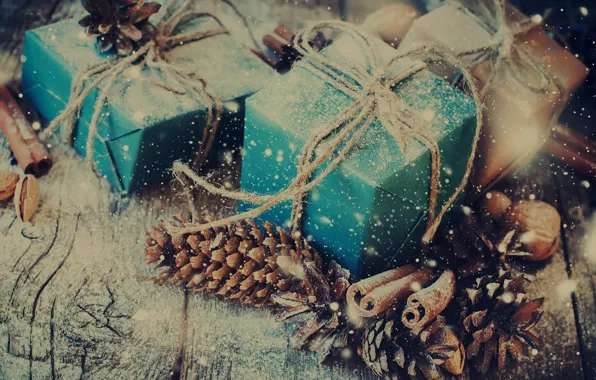 Картинка ретро, коробка, подарок, Рождество, орехи, корица, Christmas, шишки
