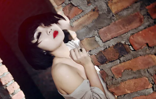 Девушка, стена, азиатка