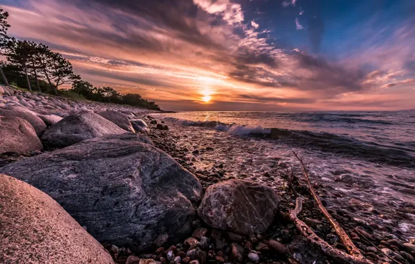 Картинка камни, берег, прибой, Denmark, Hornbæk