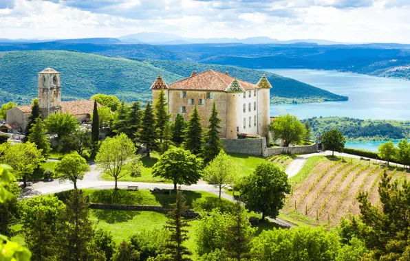 Горы, озеро, замок, Франция, виноградник, France, Provence, Lago de St croix