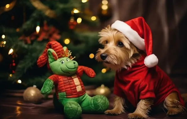Картинка дракон, игрушка, собака, Рождество, Новый год, дракончик, ИИ-арт, нейросеть