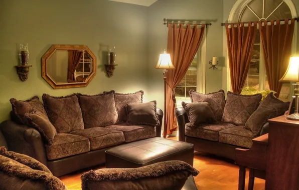 Дизайн, стиль, лампы, комната, диван, мебель, интерьер, подушки