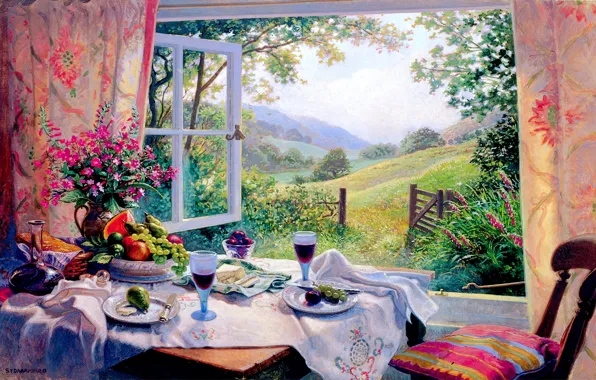 Картинка поле, лето, деревья, цветы, стол, бокалы, окно, фрукты