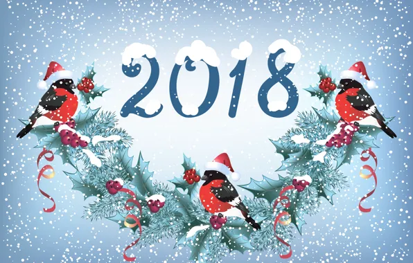 Картинка снег, праздник, новый год, гирлянда, синицы
