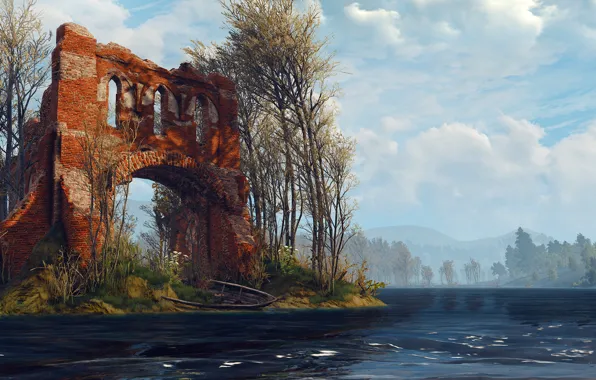 Картинка лес, река, здание, The Witcher 3: Wild Hunt, Ведьмак 3: Дикая Охота