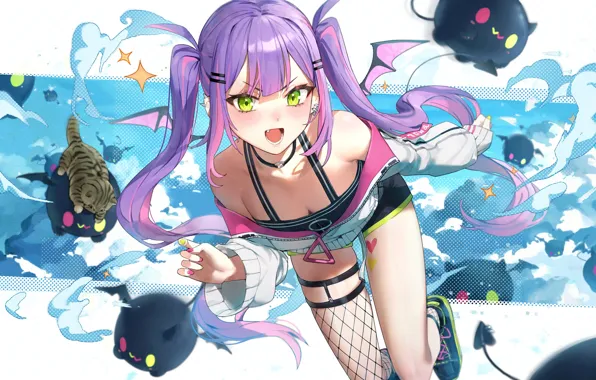 Небо, девушка, котенок, фэнтези, демоны, Towa Tokoyami, виртуальный ютубер Hololive, Holo no Graffiti