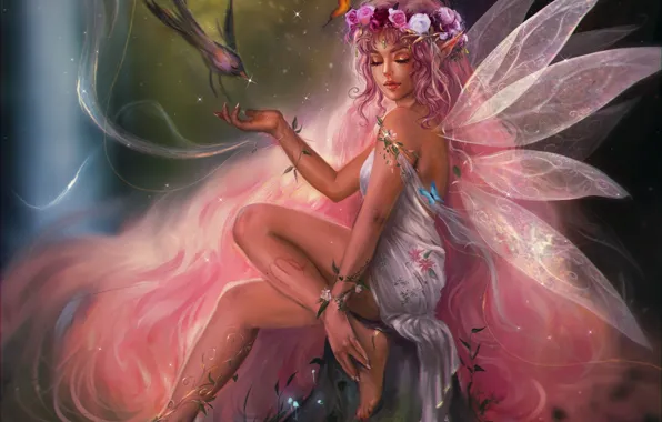 Картинка девушка, птица, эльф, крылья