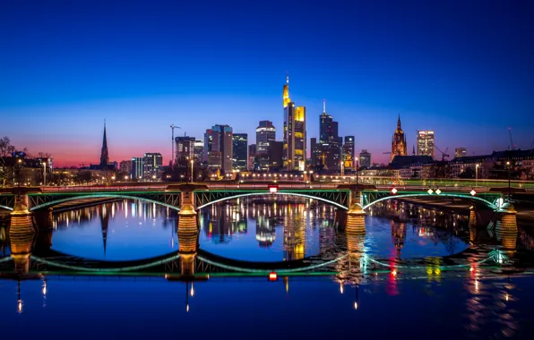 Ночь, мост, отражение, река, Германия, Frankfurt, Франкфурт-на-Майне, Франкфурт