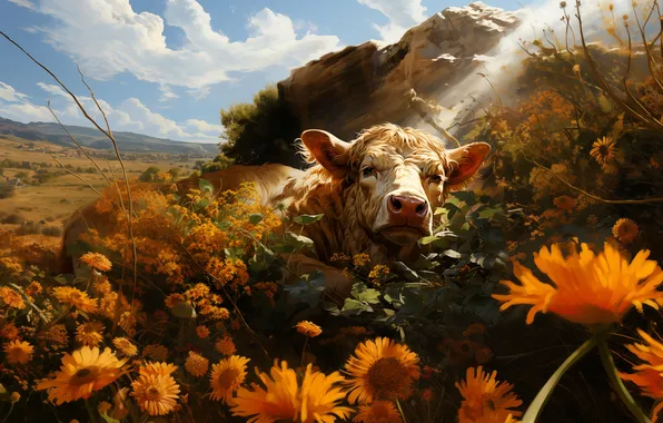 Цветы, Трава, Морда, Цифровое искусство, Корова, ИИ-арт, Искусство искусственного интеллекта, Нейросеть