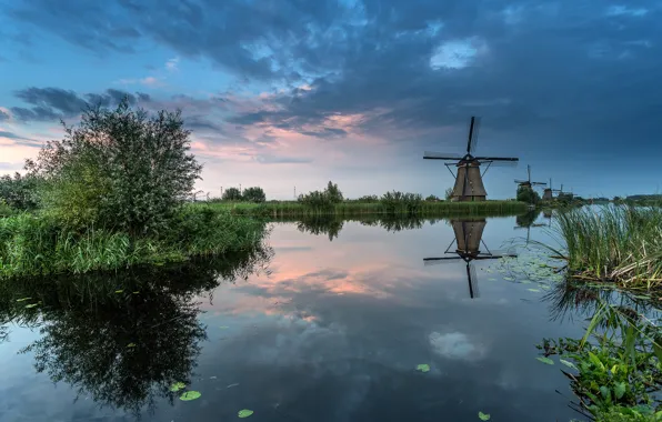 Картинка небо, облака, канал, Нидерланды, ветряная мельница