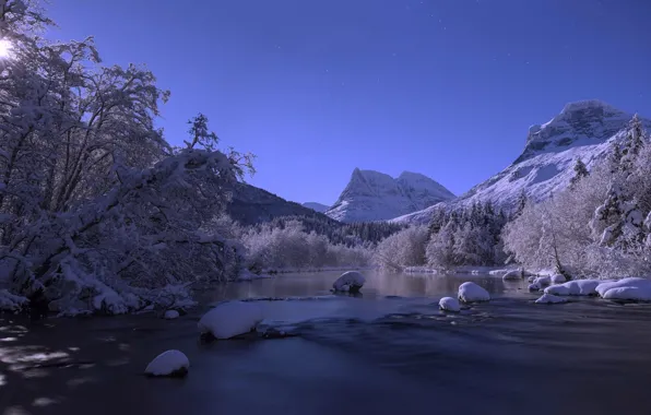Зима, снег, деревья, горы, река, Норвегия, Norway