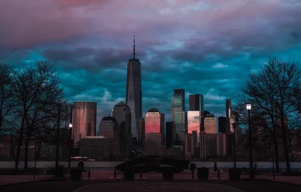 Облака, city, город, флаг, USA, США, Манхэттен, Manhattan