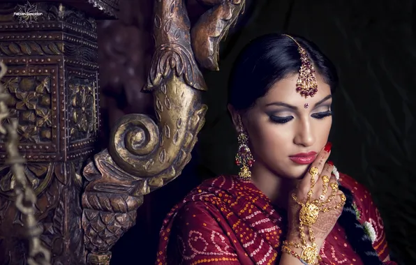 Девушка, украшения, ресницы, макияж, индианка, сари