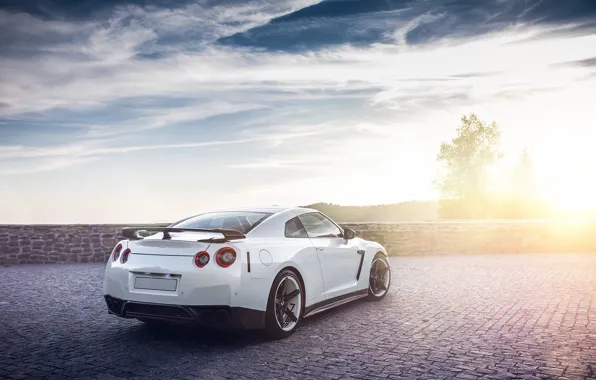 Картинка GTR, Nissan, Clouds, Sky, Sun, Lights, Day, White