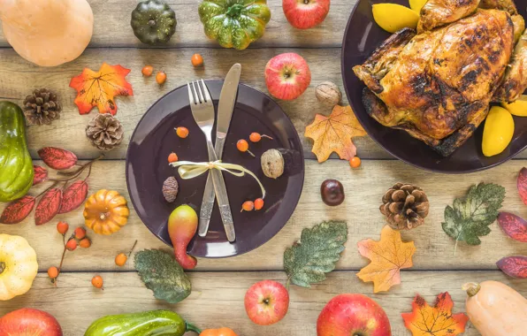 Картинка осень, листья, фон, яблоки, курица, colorful, тыква, фрукты