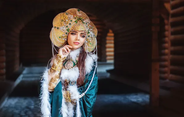 Картинка девушка, поза, наряд, русская красавица, кокошник, Сергей Букарев