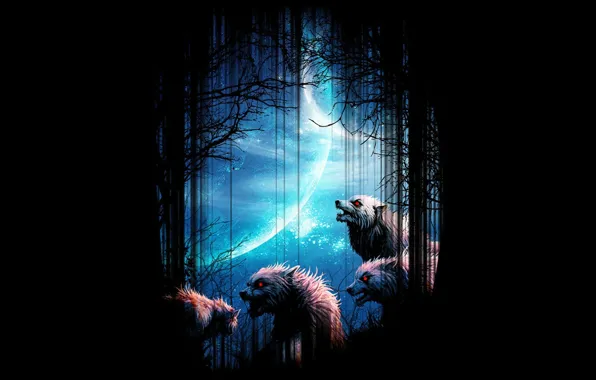 Картинка лес, ночь, фон, луна, волки
