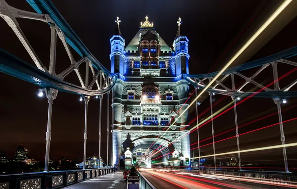 Картинка ночь, мост, город, огни, Англия, Лондон, выдержка