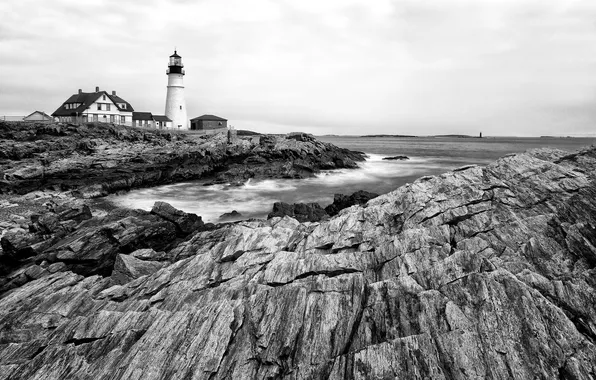 Пейзаж, океан, скалы, маяк, Maine, Portland Head Light