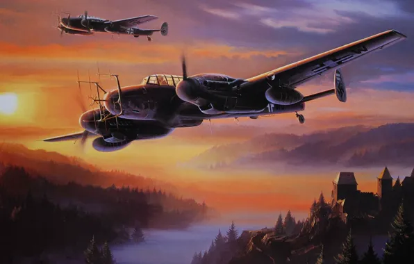 Лес, горы, туман, замок, Радар, Ночной истребитель, G-4, Bf 110