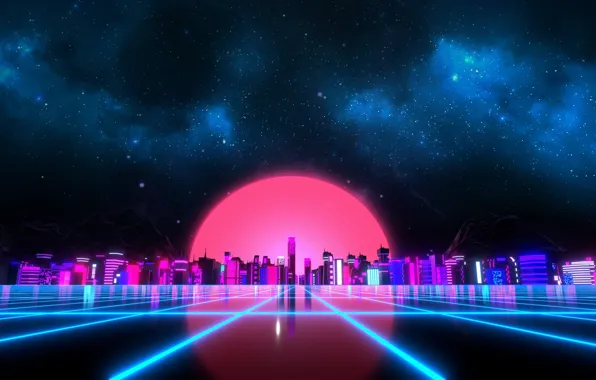 Музыка, Стиль, Фон, City, Sky, Stars, Art, 80s