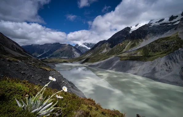 Облака, Горы, Озеро, Новая Зеландия, Пейзаж, Hooker lake