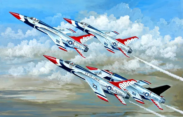 Картинка небо, облака, рисунок, арт, самолёты, реактивные, ВВС США, истребители-бомбардировщики