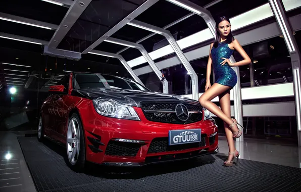 Машина, авто, девушка, модель, азиатка, автомобиль, korean model, Mercedes Benz C260