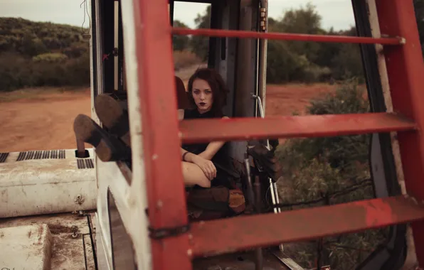 Girl, woman, machine, model, tractor, female, boots, machinery