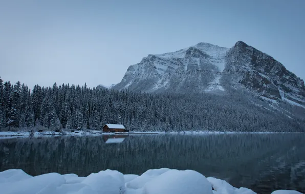 Картинка зима, лес, снег, горы, озеро, Канада, сугробы, Альберта