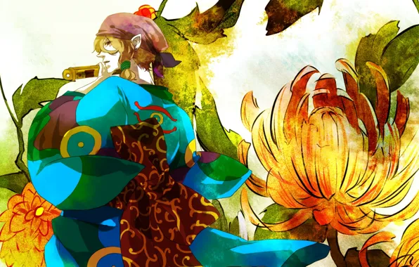 Цветы, арт, парень, кимоно, бант, Mononoke, Kusuriuri