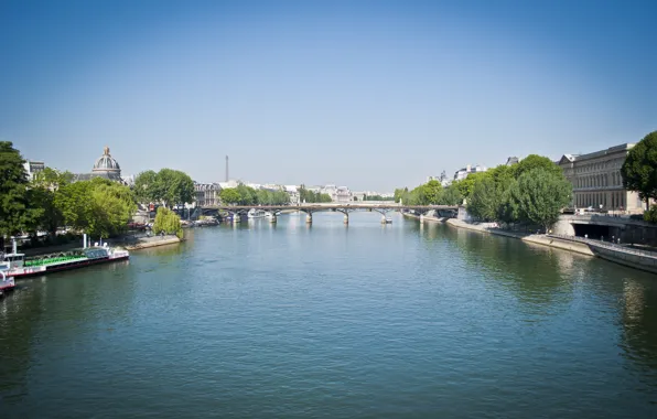 Картинка небо, деревья, мост, река, Франция, Париж, башня, Сена